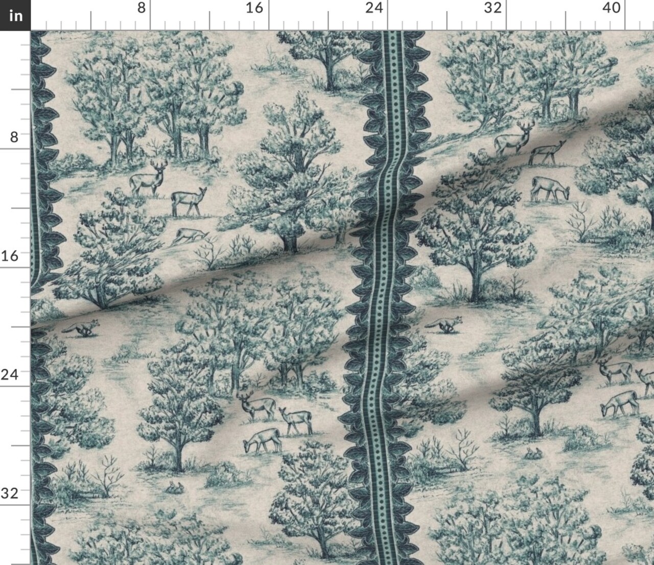 Rustic Cabincore Lodge Deer Fox Forest Stripe Vintage Country Hunting Cabin Cottage Hunting Lodge Teal Toile Farmhouse Trees Woodland Leaves Custom Printed Fabric by Spoonflower Various Fabrics by the Yard or Fat Quarter